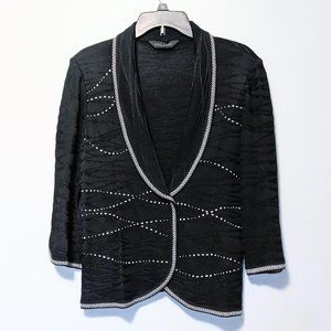 MING WANG Women’s Medium Black White Embellished Jacket Blazer 3/4 Sleeve